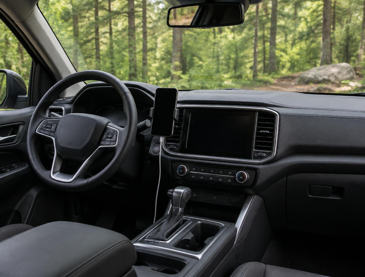 A phone mounted beside a car dashboard with a forest view
