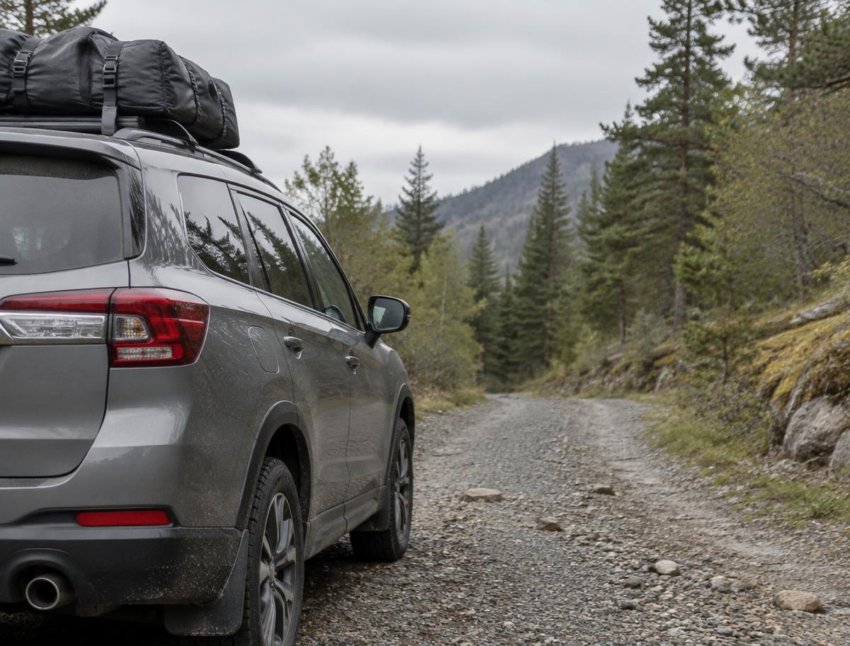 A grey SUV with secured rooftop luggage on a woodland gravel road