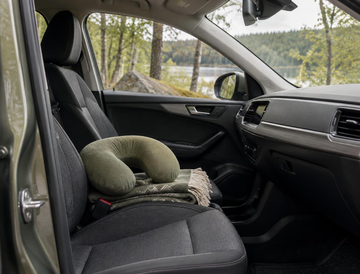 A travel cushion and folded blanket on a passenger seat beside woodland