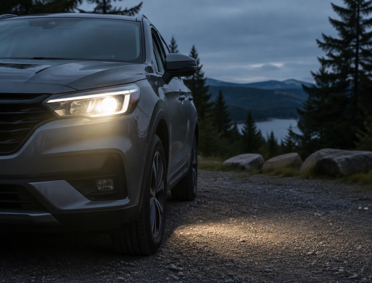 A vehicle headlight illuminating gravel at a forest roadside