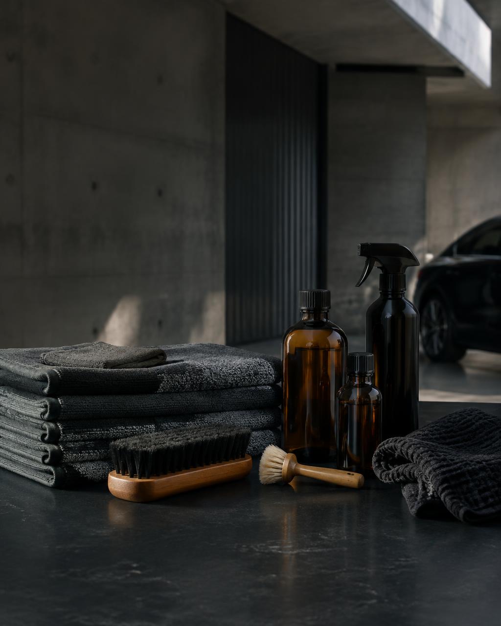 Car-care cloths, brushes and bottles ready for cleaning