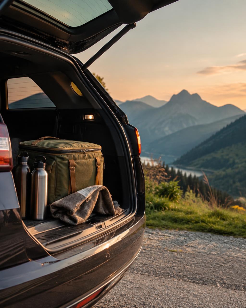 Travel bags and a flask packed beside a mountain road