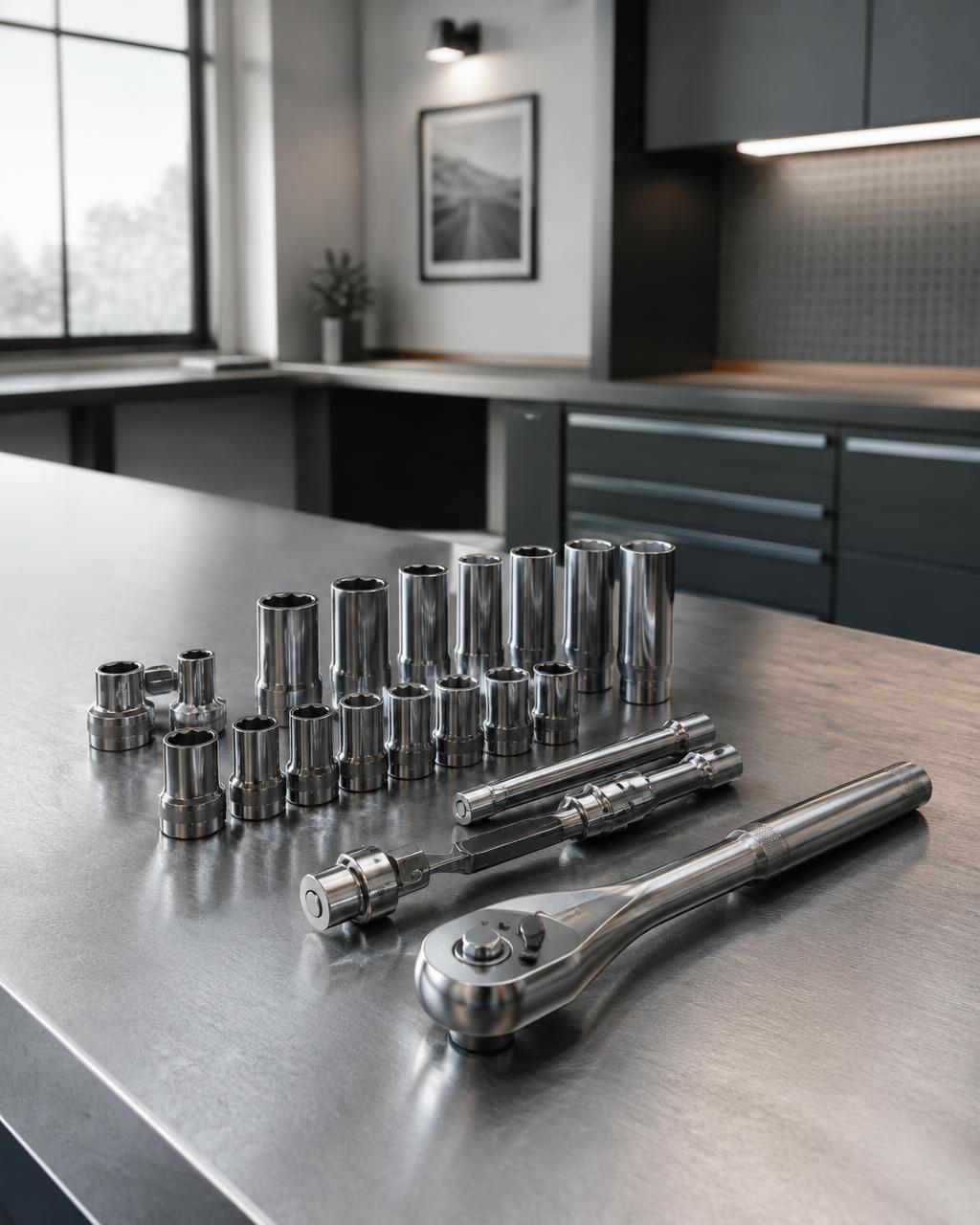 Compact sockets and tools arranged for vehicle maintenance